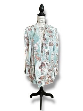 Chico's Blazer Open Front Moroccan Paisley Jacket Turquoise Peach White 2/Large